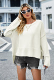 High-Low Slit Round Neck Long Sleeve Sweater