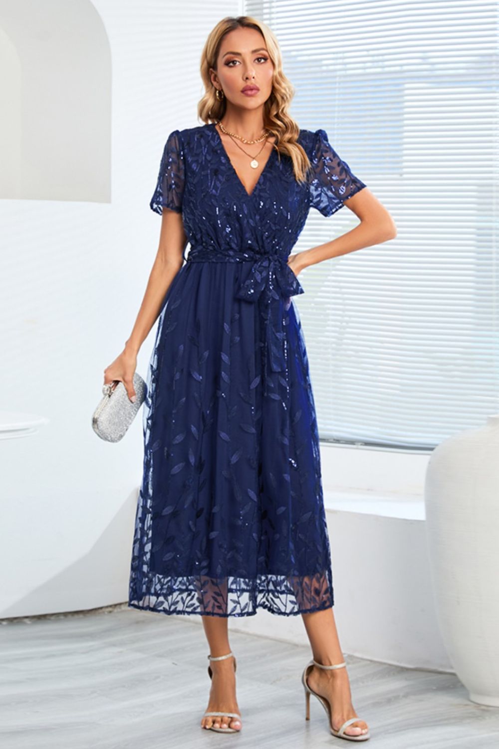 Sequin Leaf Embroidery Tie Front Short Sleeve Dress - Allure Taste