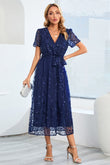 Sequin Leaf Embroidery Tie Front Short Sleeve Dress - Allure Taste
