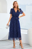 Sequin Leaf Embroidery Tie Front Short Sleeve Dress - Allure Taste