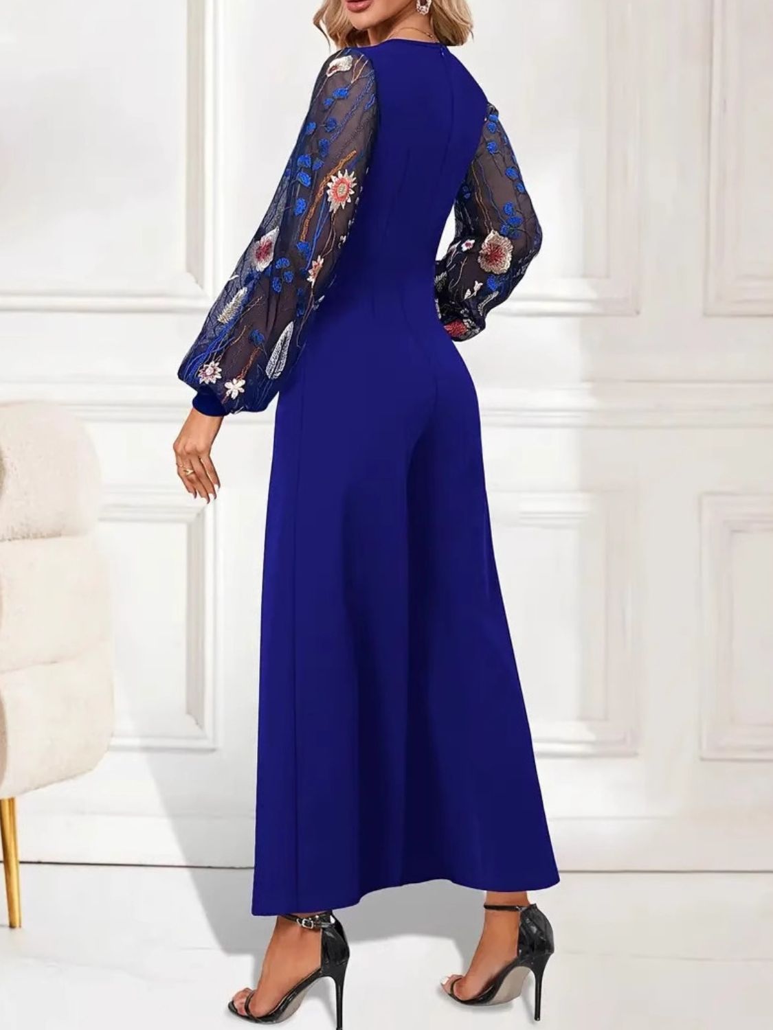 Surplice Embroidered Long Sleeve Wide Leg Jumpsuit - Allure Taste