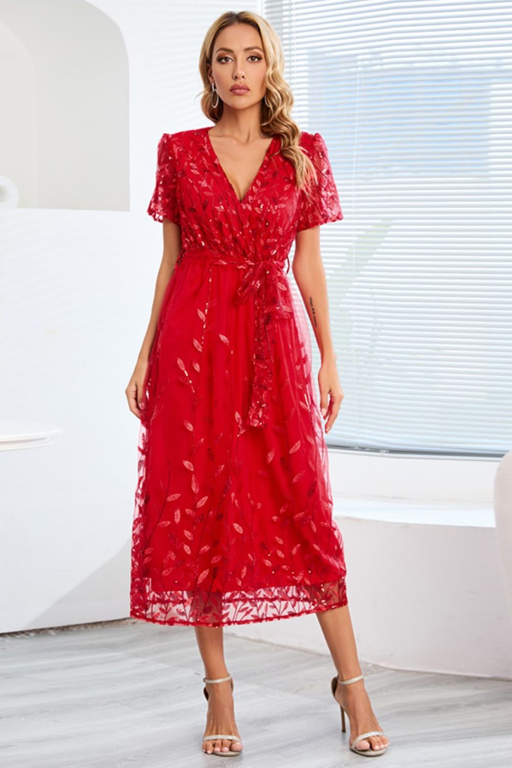 Sequin Leaf Embroidery Tie Front Short Sleeve Dress - Allure Taste