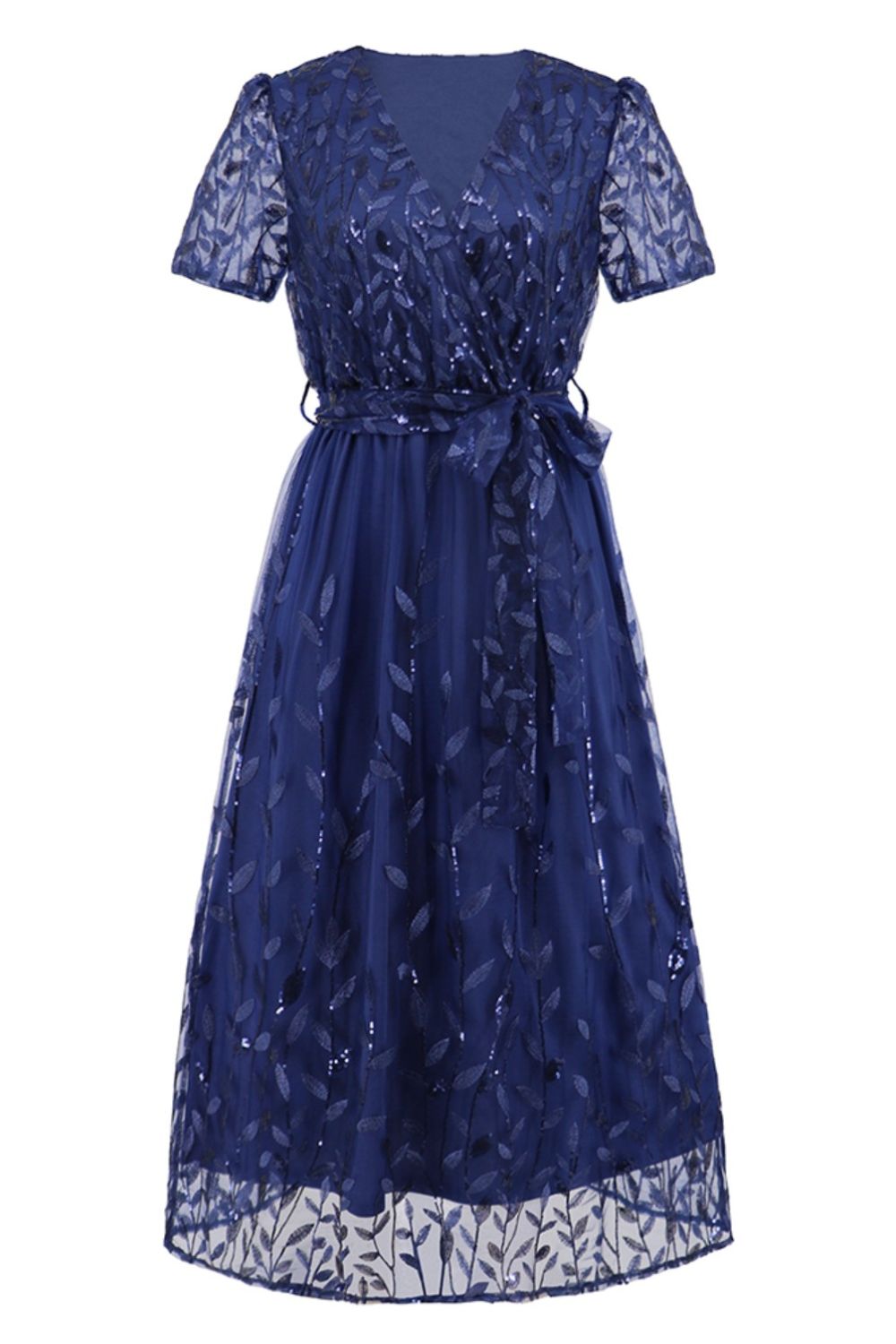 Sequin Leaf Embroidery Tie Front Short Sleeve Dress - Allure Taste