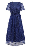 Sequin Leaf Embroidery Tie Front Short Sleeve Dress - Allure Taste