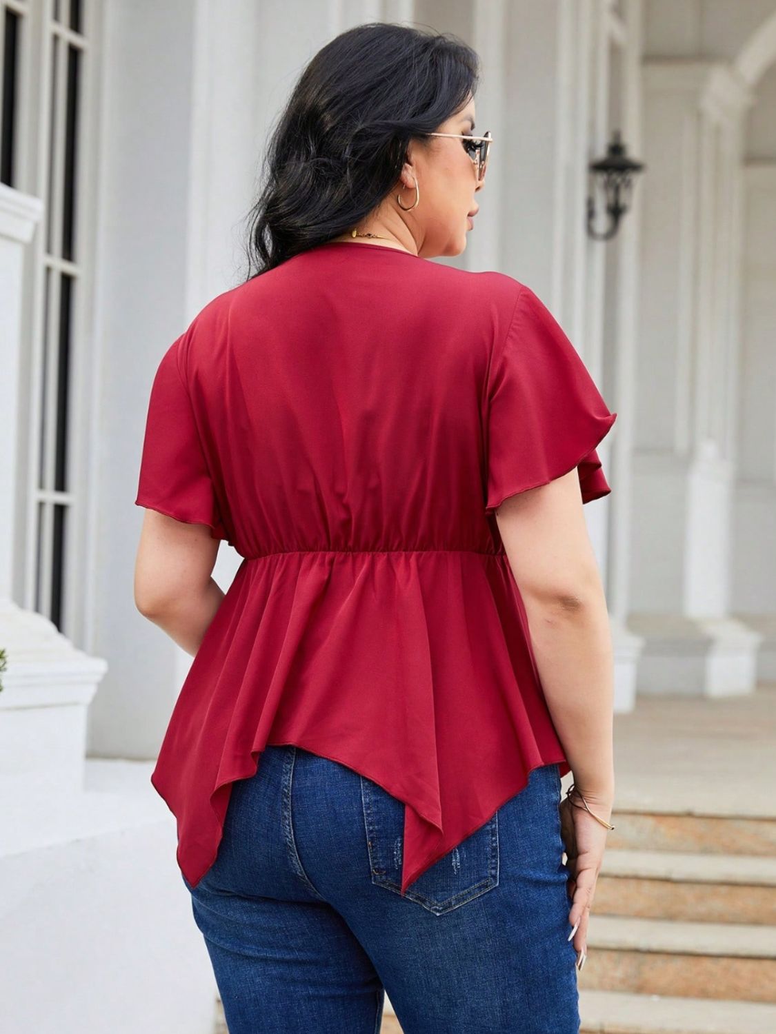 Plus Size Frill Surplice Flutter Sleeve Blouse -