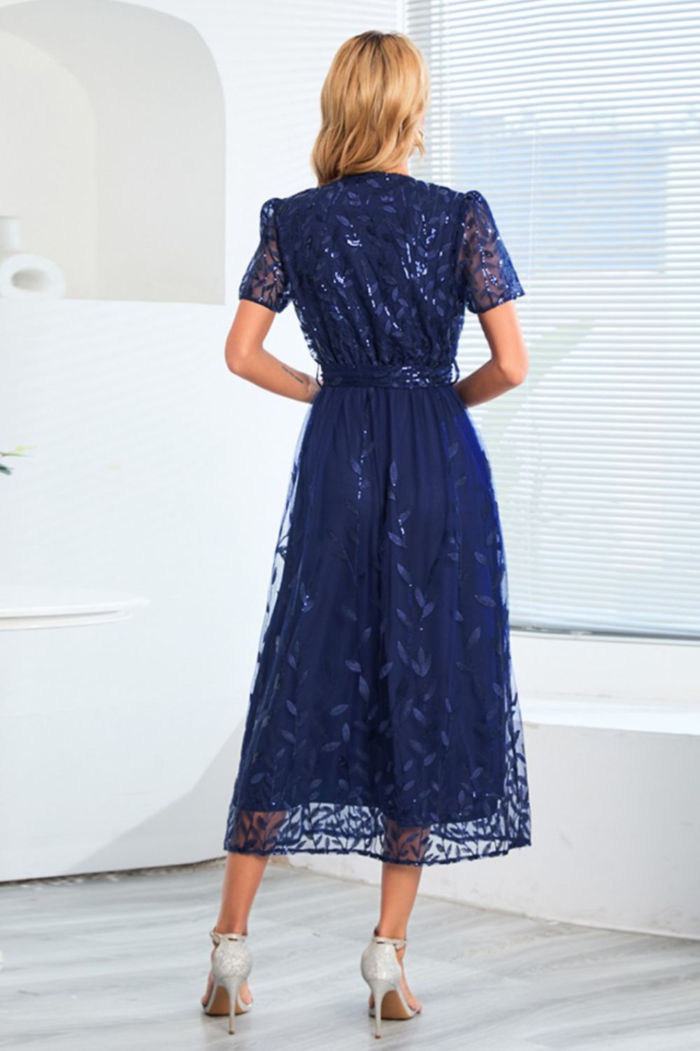Sequin Leaf Embroidery Tie Front Short Sleeve Dress - Allure Taste