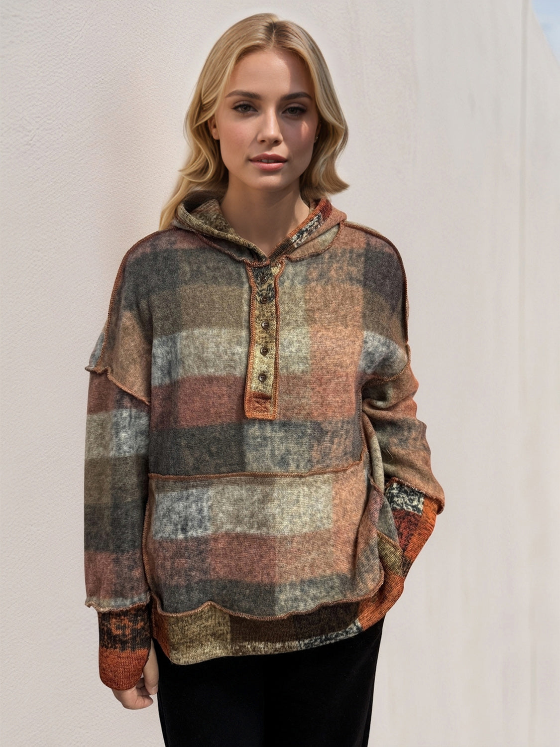 Full Size Plaid Dropped Shoulder Fleece Hoodie