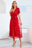 Sequin Leaf Embroidery Tie Front Short Sleeve Dress - Allure Taste