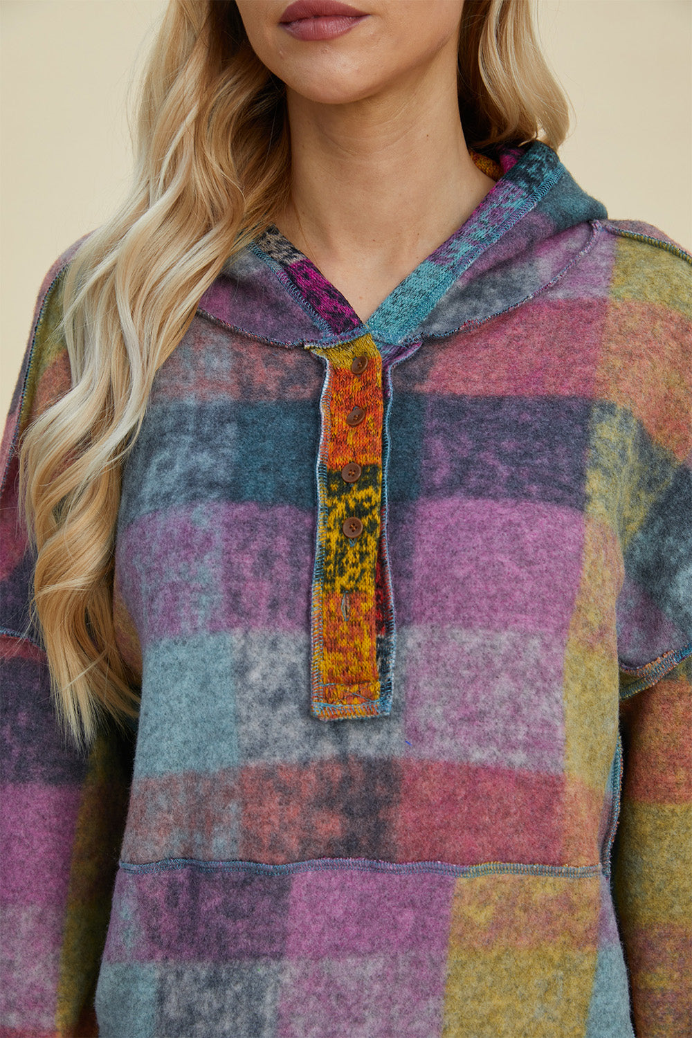 Full Size Plaid Dropped Shoulder Fleece Hoodie