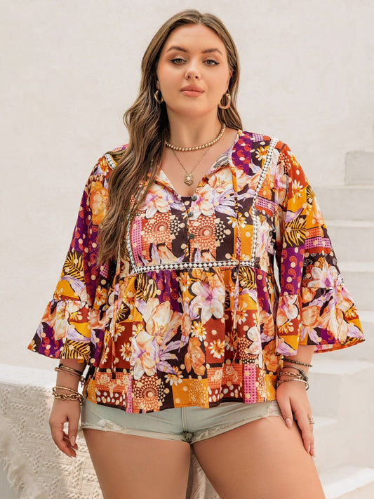 Plus Size Printed Tie Neck Blouse -