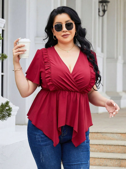 Plus Size Frill Surplice Flutter Sleeve Blouse -