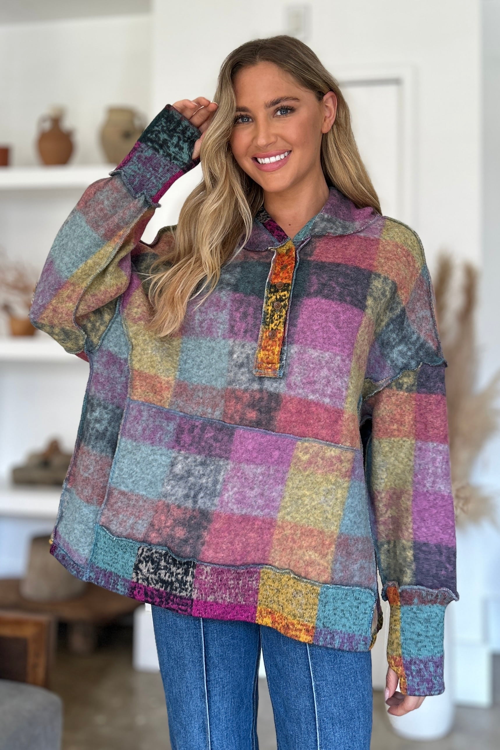 Full Size Plaid Dropped Shoulder Fleece Hoodie