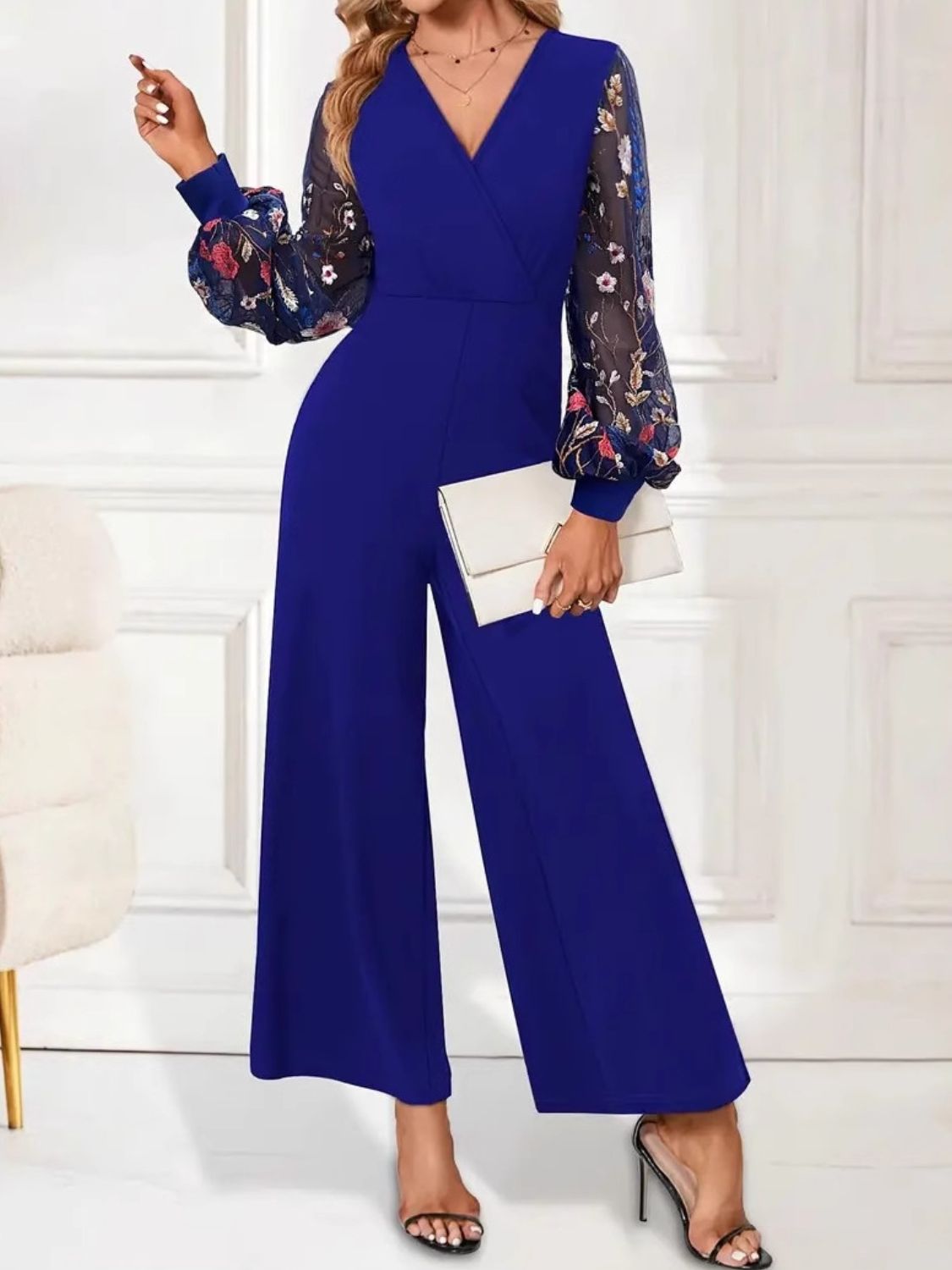 Surplice Embroidered Long Sleeve Wide Leg Jumpsuit - Allure Taste