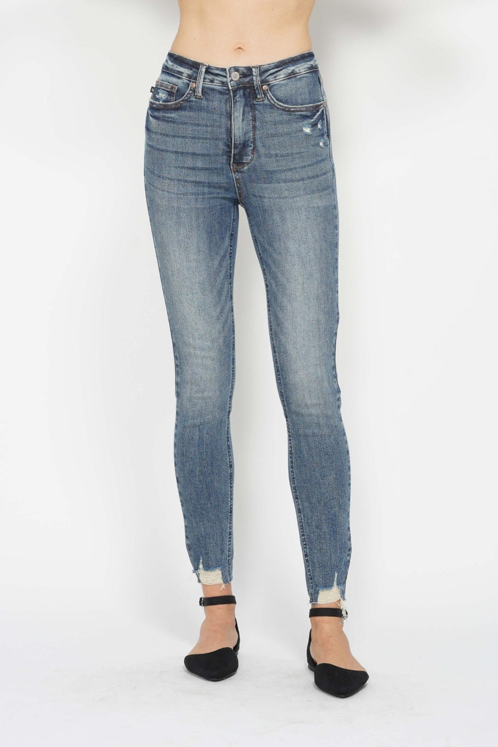 Blue Full Size Tummy Control Vintage Wash Hem Destroy Skinny Jeans