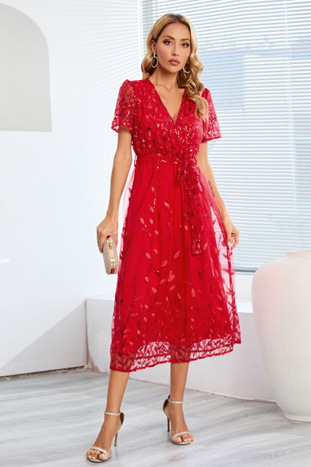 Sequin Leaf Embroidery Tie Front Short Sleeve Dress - Allure Taste