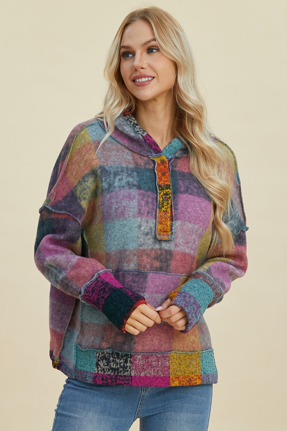 Full Size Plaid Dropped Shoulder Fleece Hoodie