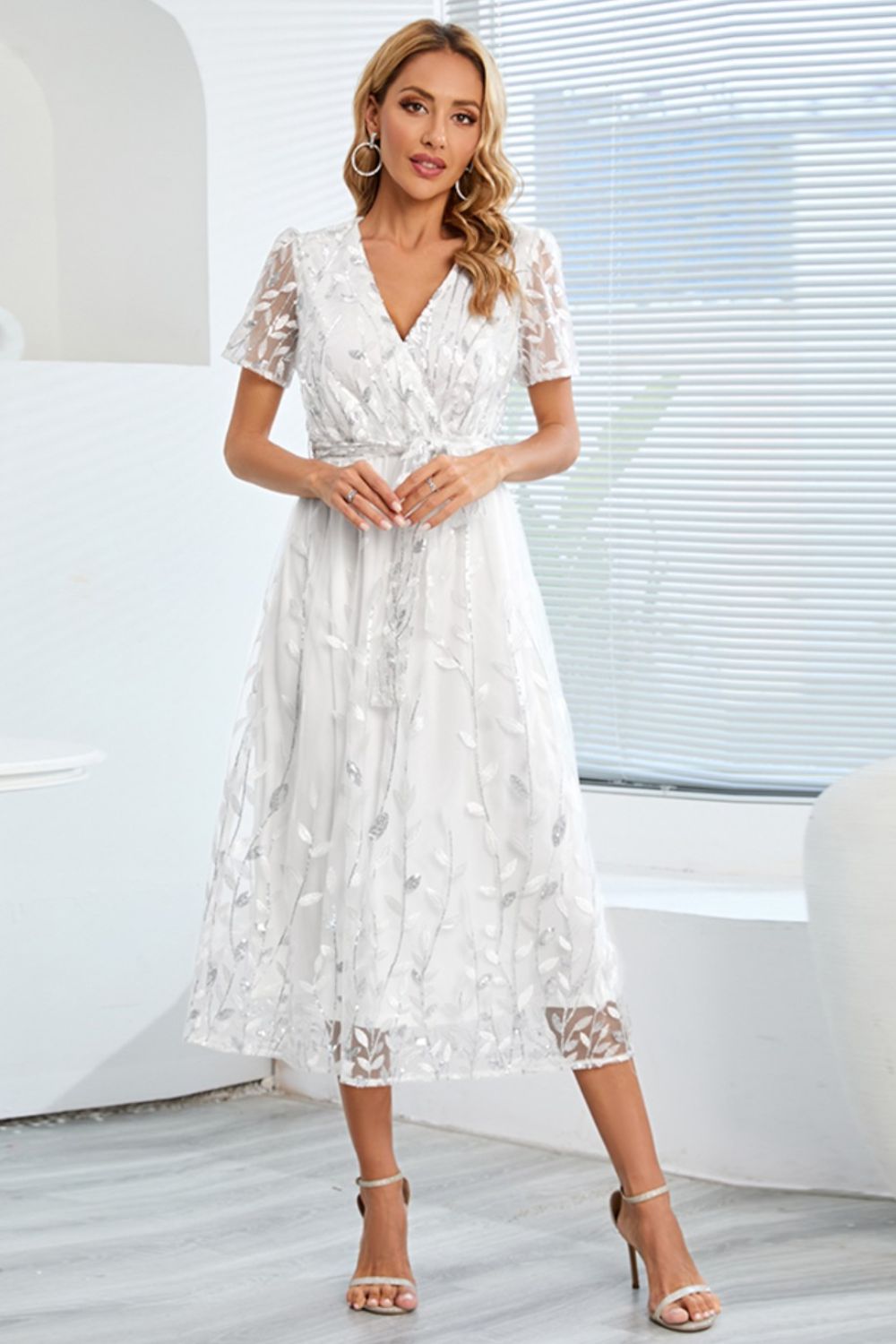 Sequin Leaf Embroidery Tie Front Short Sleeve Dress - Allure Taste