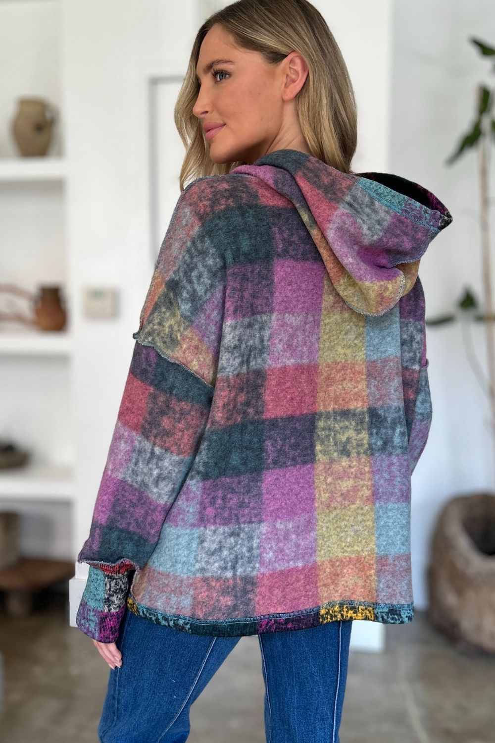 Full Size Plaid Dropped Shoulder Fleece Hoodie