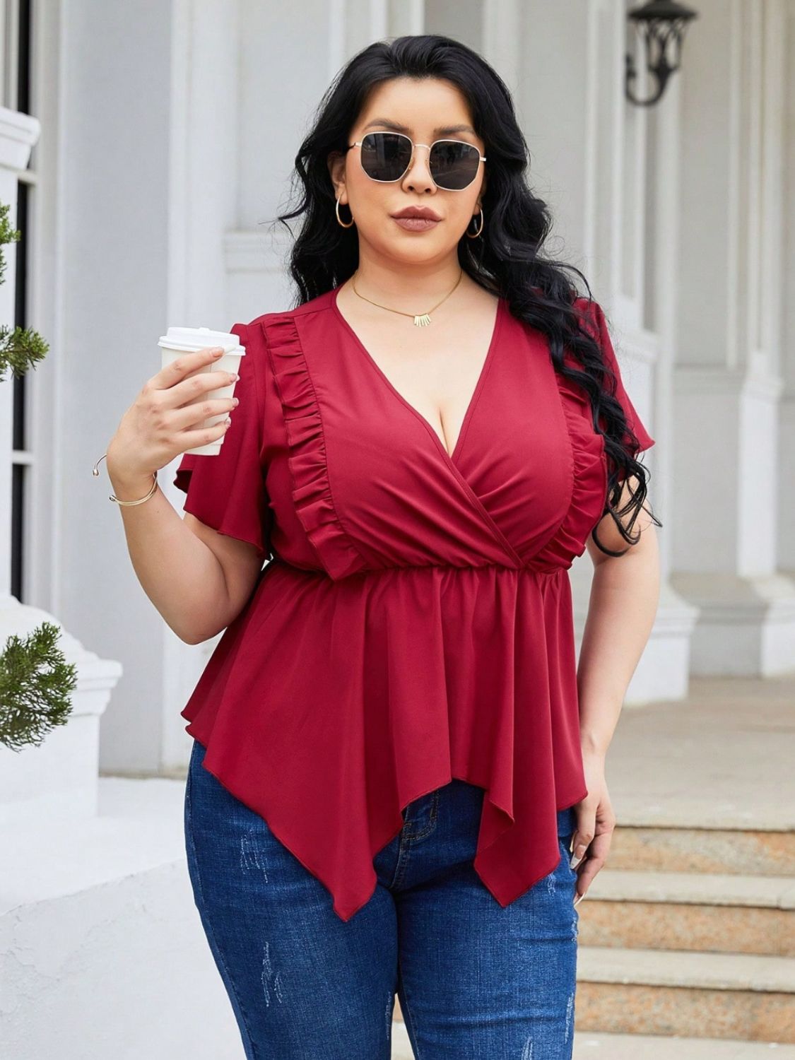 Plus Size Frill Surplice Flutter Sleeve Blouse -