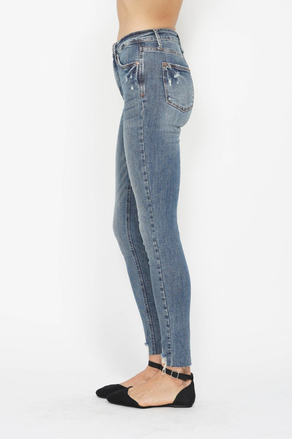 Blue Full Size Tummy Control Vintage Wash Hem Destroy Skinny Jeans