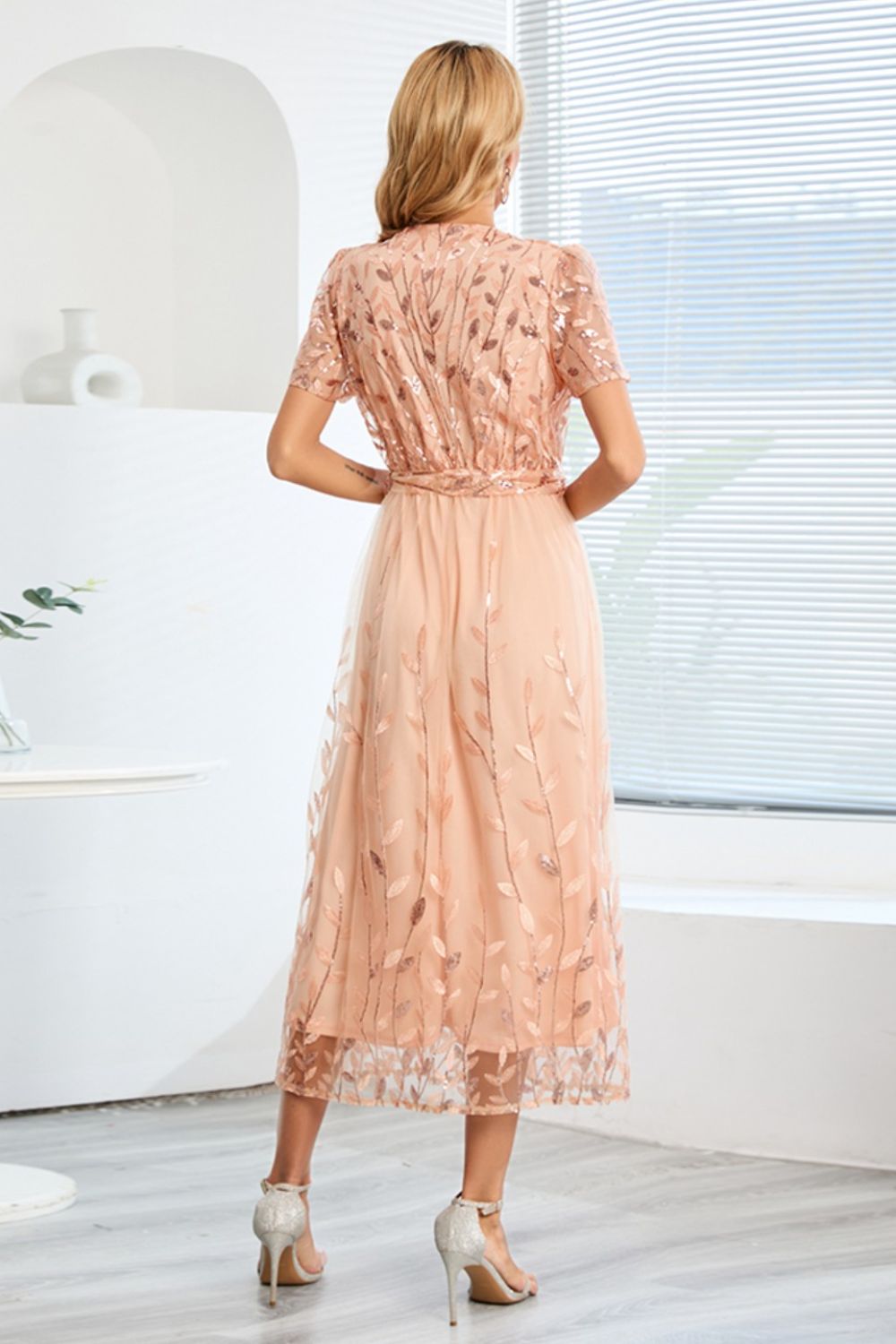 Sequin Leaf Embroidery Tie Front Short Sleeve Dress - Allure Taste