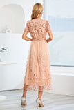 Sequin Leaf Embroidery Tie Front Short Sleeve Dress - Allure Taste