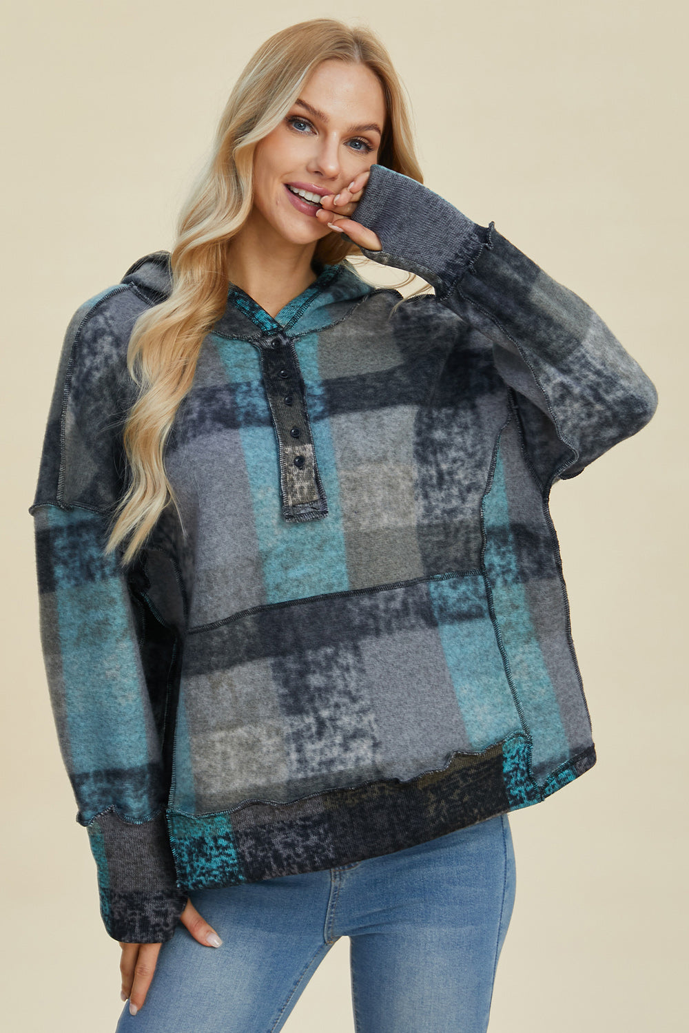 Full Size Plaid Dropped Shoulder Fleece Hoodie