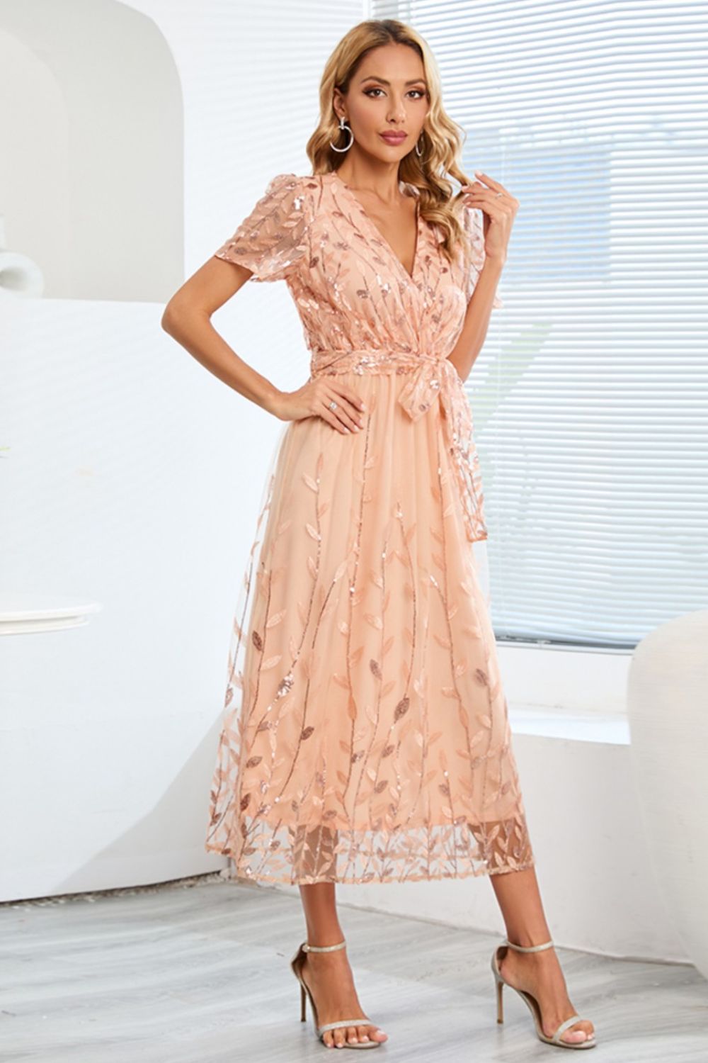Sequin Leaf Embroidery Tie Front Short Sleeve Dress - Allure Taste