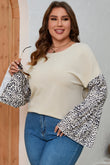 Plus Size Leopard Round Neck Long Sleeve Top -