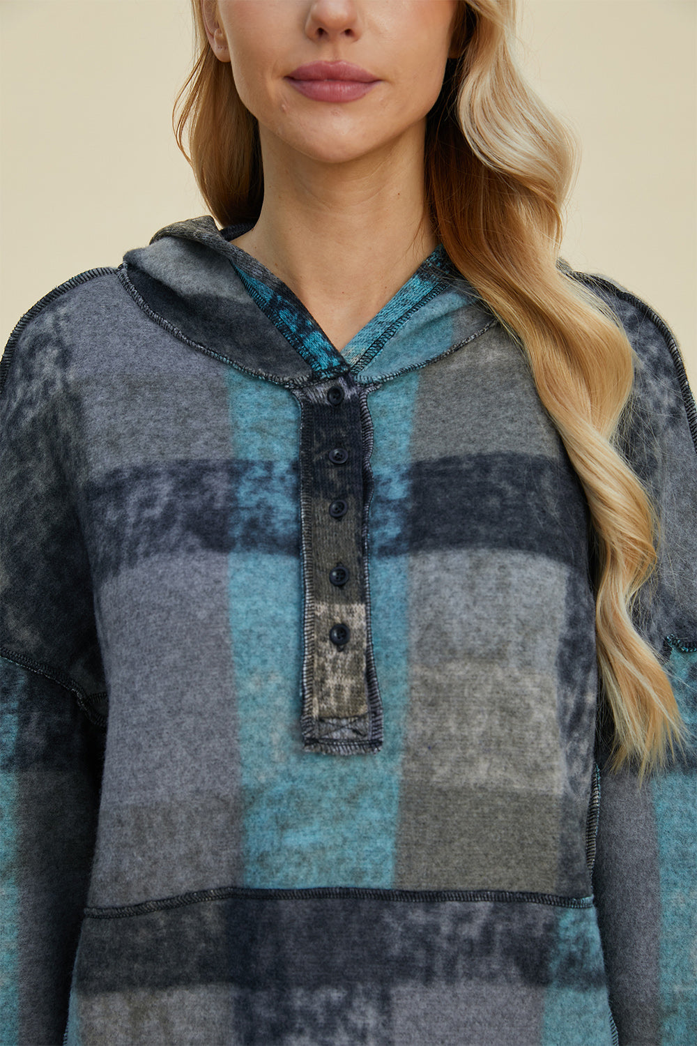 Full Size Plaid Dropped Shoulder Fleece Hoodie