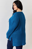 Full Size Ribbed Half Button Long Sleeve High-Low T-Shirt