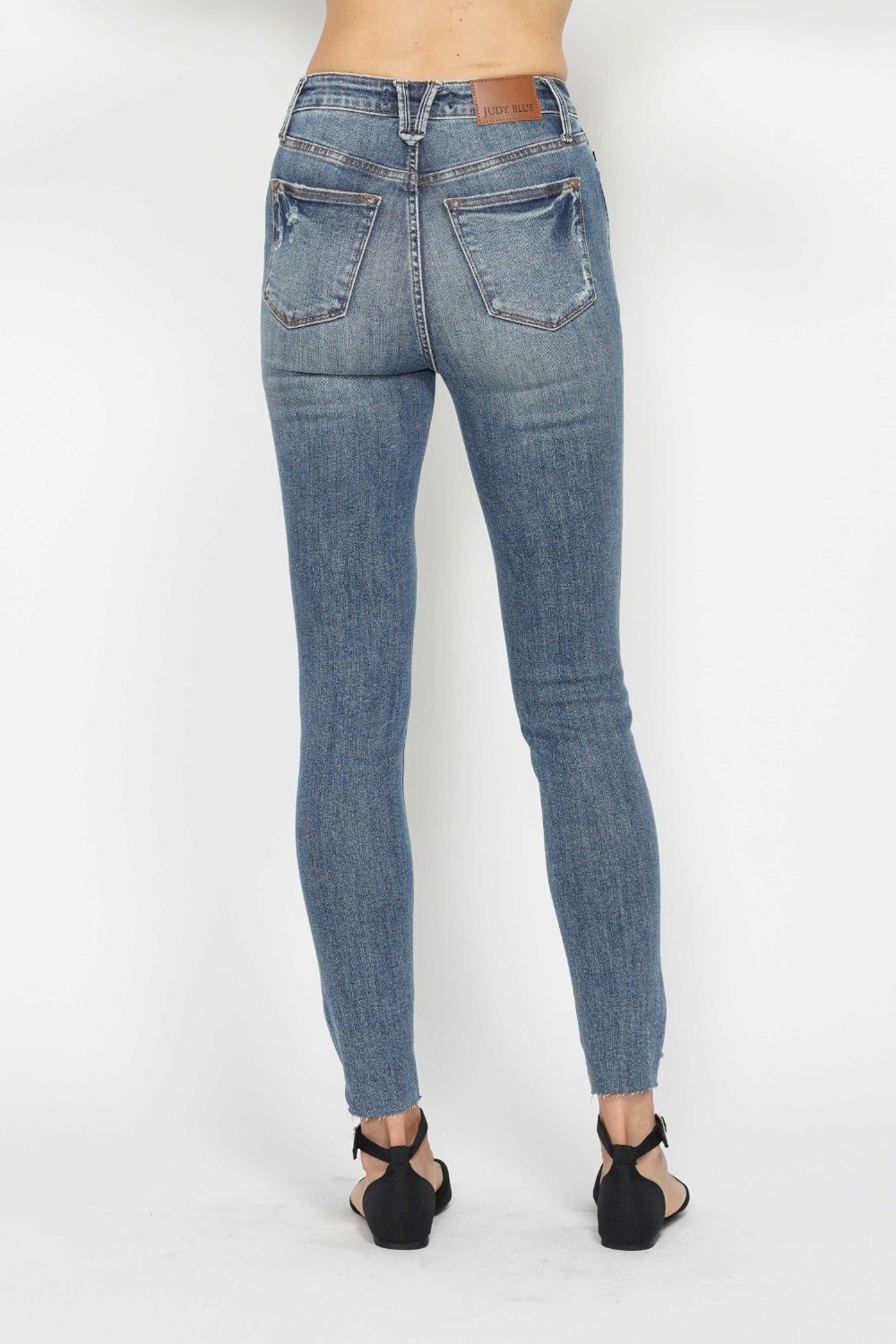 Blue Full Size Tummy Control Vintage Wash Hem Destroy Skinny Jeans