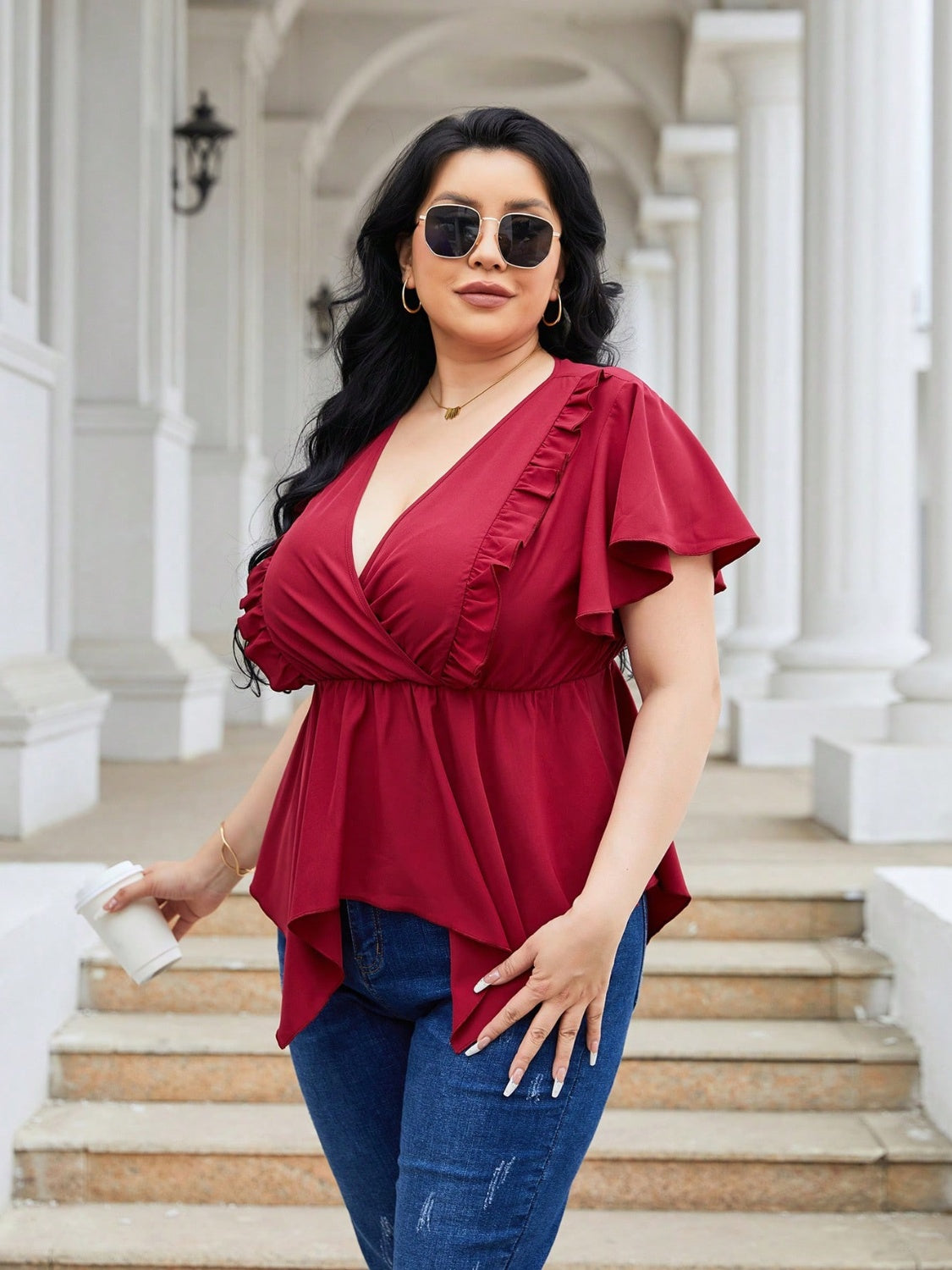 Plus Size Frill Surplice Flutter Sleeve Blouse -
